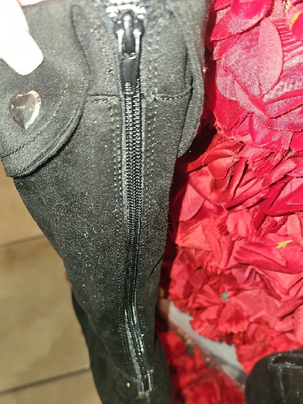 American Eagle Black Knee-High Fold-Over Faux Suede Boots with Heart Size 4½